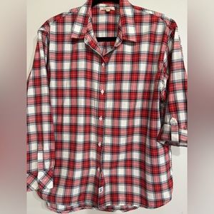 Barbour red, white and black plaid button down shirt. Size 10.